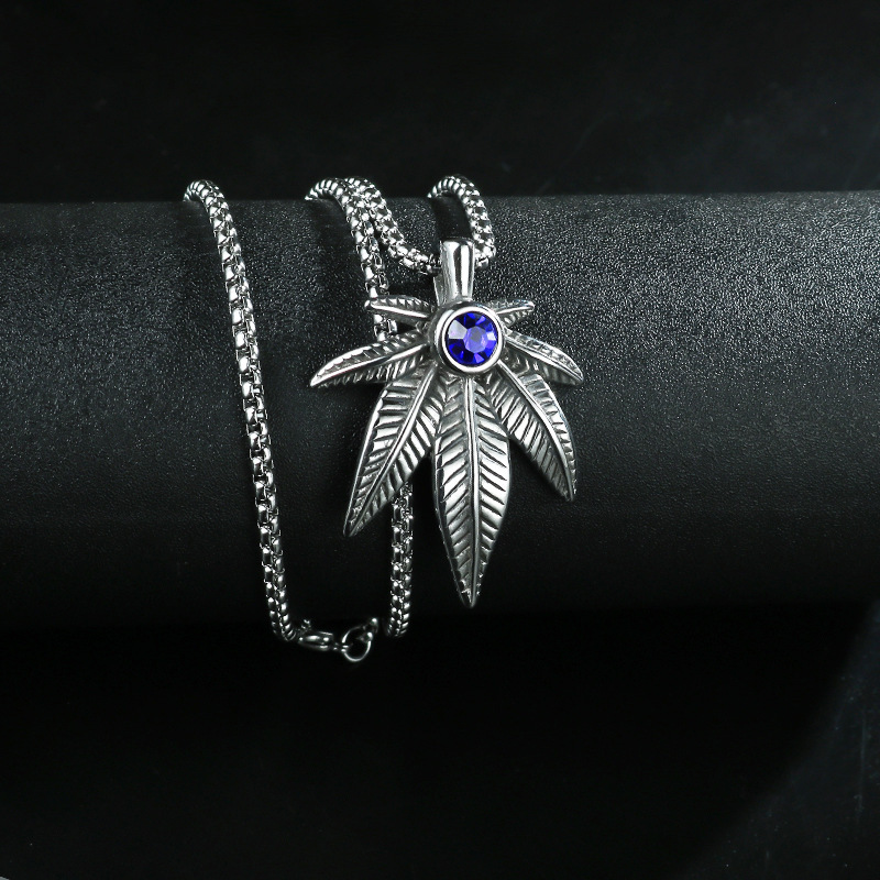 Street Hip Hop Fashion Personality Trend Necklace Men's Blue Stone Silver Leaf Pendant Necklace_voghion.com