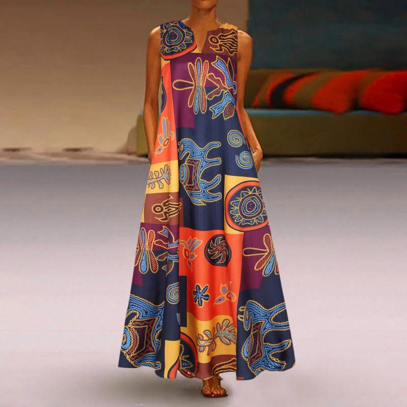 Printed Dress, Cotton And Linen Plus Size Women's Top, V-neck Sleeveless Pocket, Summer Big Show_voghion.com