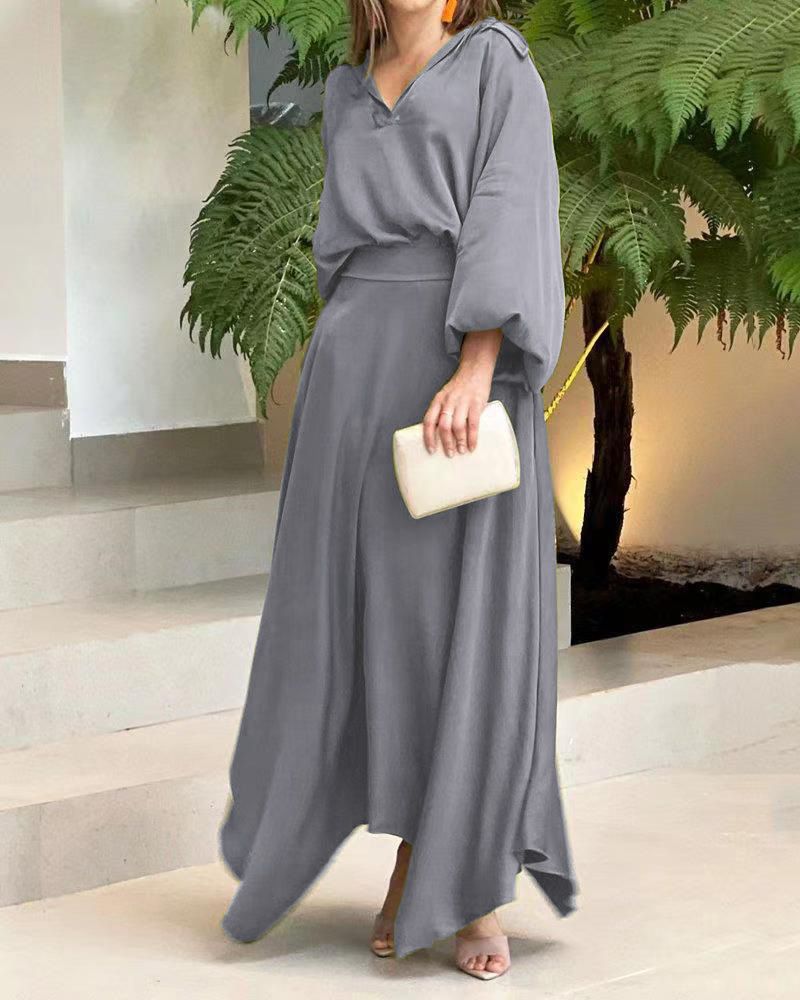 Women's Oversized Long Sleeve Top & High Waist Maxi Skirt Set – Breathable Loose Fit Two-Piece Outfit (S-XXXL, 6 Soft-Toned Colors)_voghion.com