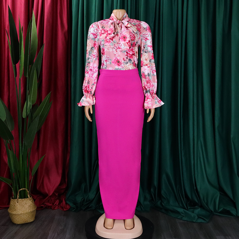 Dameskleding Mode Bedrukt Strappy Shirt met Lange Mouwen Rok Lange Rok Tweedelige Set_voghion.com