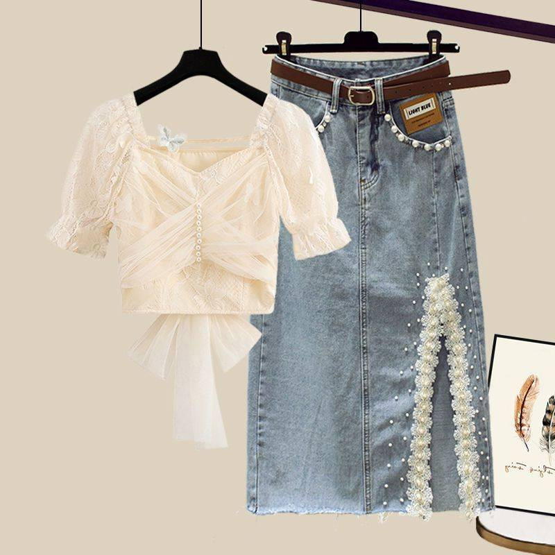 Conjunto feminino de duas peças estilo francês - Camisa de chiffon de um ombro só e saia jeans retrô | Look elegante e moderno_voghion.com
