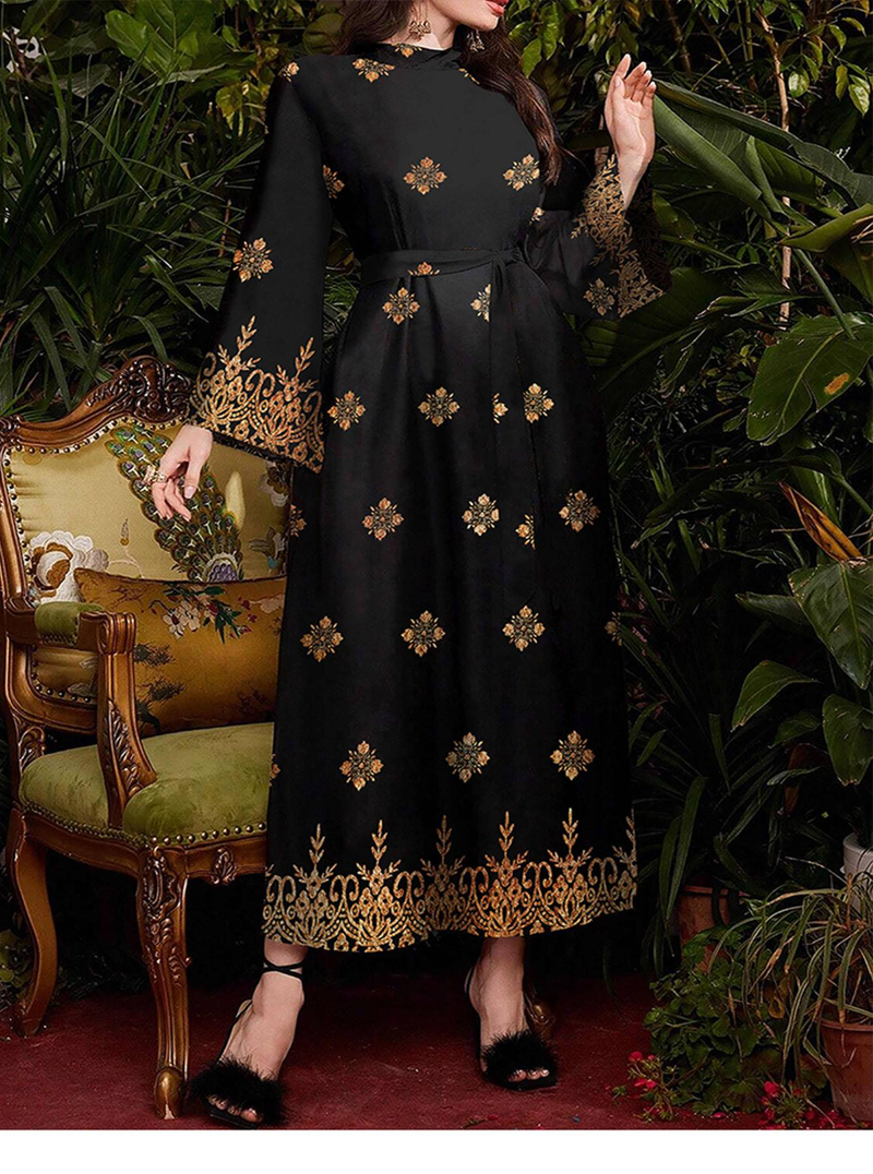 Damenbekleidung Mode Schwarz Bedrucktes Langarmkleid Für Frauen Langes Frühlings- Und Herbsttaillentemperament Schlank Bis Knöchellanges Kleid_voghion.com