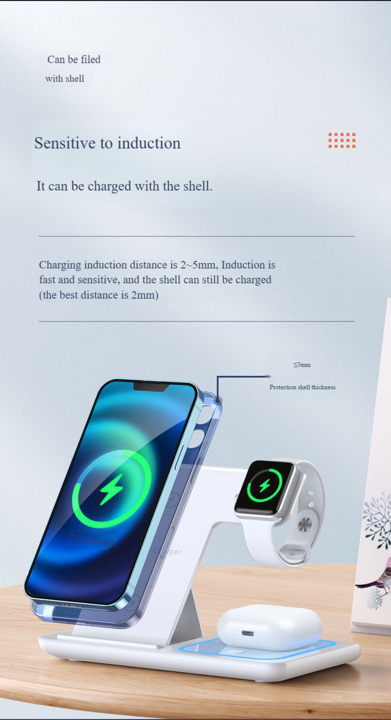 3-in-1 Wireless Charger With Digital Display, 15W Fast Charging, Type-C Cable Included, PD Compatible For IPhone/Samsung/Android (Black/White)_voghion.com