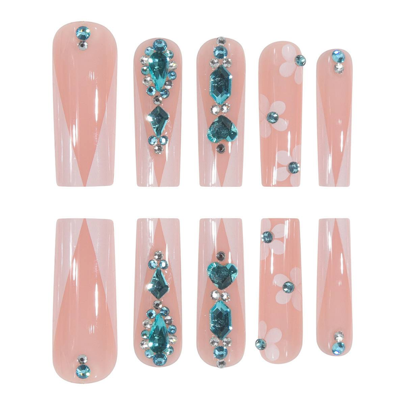 Unghie finte francesi lunghe con glitter floreali, unghie finte da donna, eleganti e alla moda con strass e fiori 3D, adesivi riutilizzabili per nail art_voghion.com