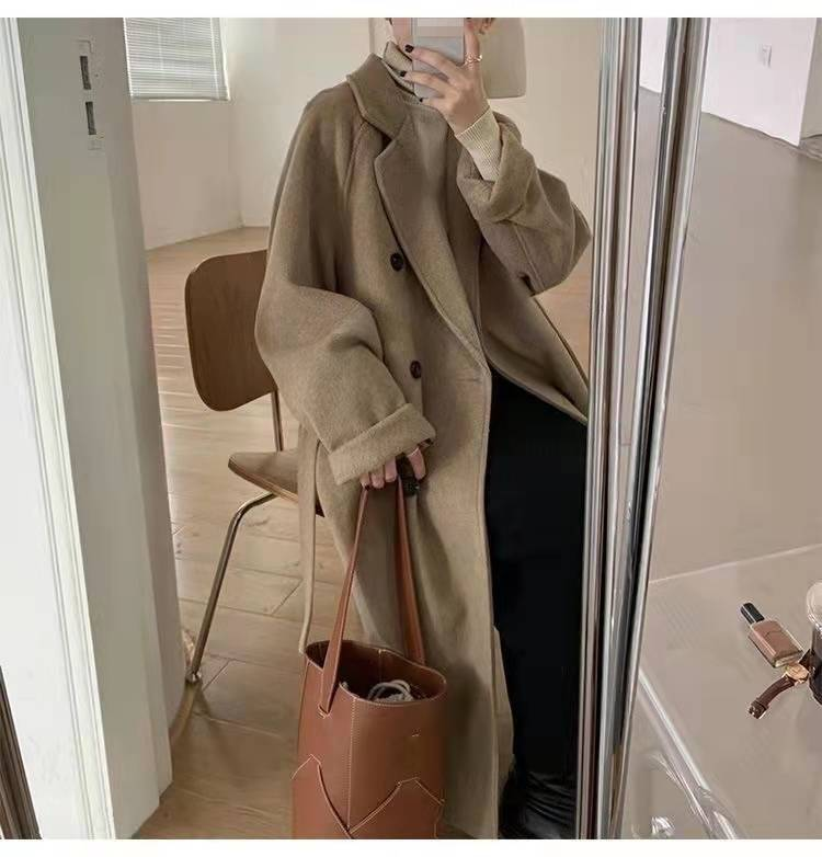 Damen Mantel aus Wollmischung, lang, übergroßer Trenchcoat mit Doppelreiher für Herbst und Winter, lässig, elegant in Haferflocken, Schwarz, Mokka, Rot, Grau_voghion.com