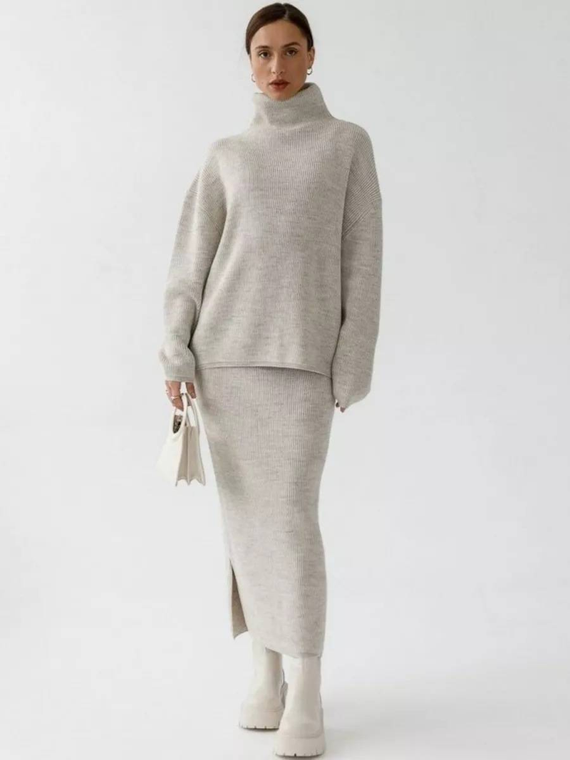 Knitted High-neck Sweater & Slim-fit Skirt Set – Elegant Two-piece Outfit In Beige, Olive Green, White, Green, Yellow, Light Gray, Emerald, Black_voghion.com
