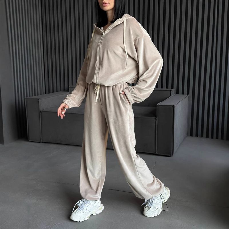 Urban Streetwear Hooded Sweatshirt & Jogger Pants Set For Women - Soft Fleece Two-Piece Outfit With Adjustable Waistband (Coffee, Gray, Beige) S-XXL_voghion.com