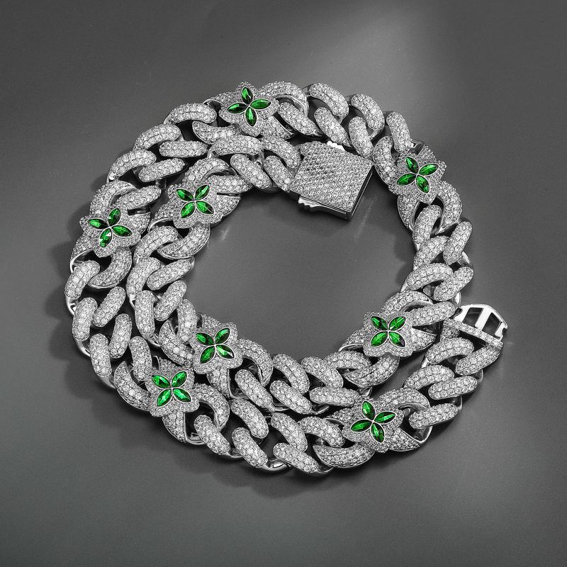Four-Leaf Clover Cuban Men's Diamond-Studded Necklace Hip Hop Green Twist Chain Trendy Nightclub Accessories_voghion.com