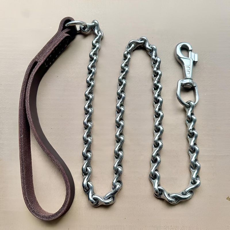 Dragon Bone Leather Handle Stainless Steel Leash For Medium And Large Dogs, Anti-Bite Leash, Durable Dog Chain_voghion.com