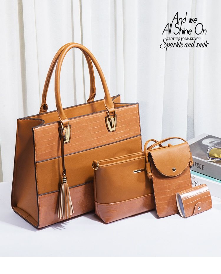 New Large Capacity Crocodile Pattern Handbag Fashionable Tassel Bag Trendy Single Shoulder Diagonal Four Piece Set Mother Bag_voghion.com