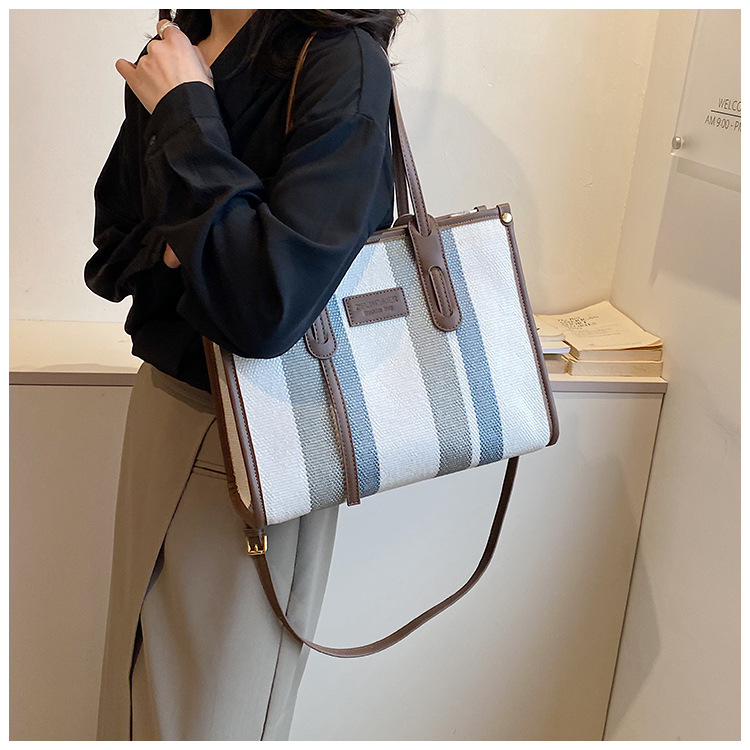 Nowa torba z grubej bawełny o dużej pojemności płócienna torba damska transgraniczny handel zagraniczny kontrastowy kolorowy pasek torba na ramię trend w modzie torba listonoszka_voghion.com