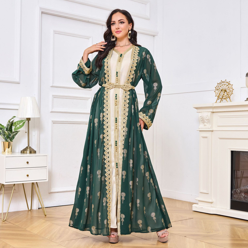 K Damenkleid, lange Robe, bestickte Strickjacke, Weste, zweiteiliges Kleid;_voghion.com