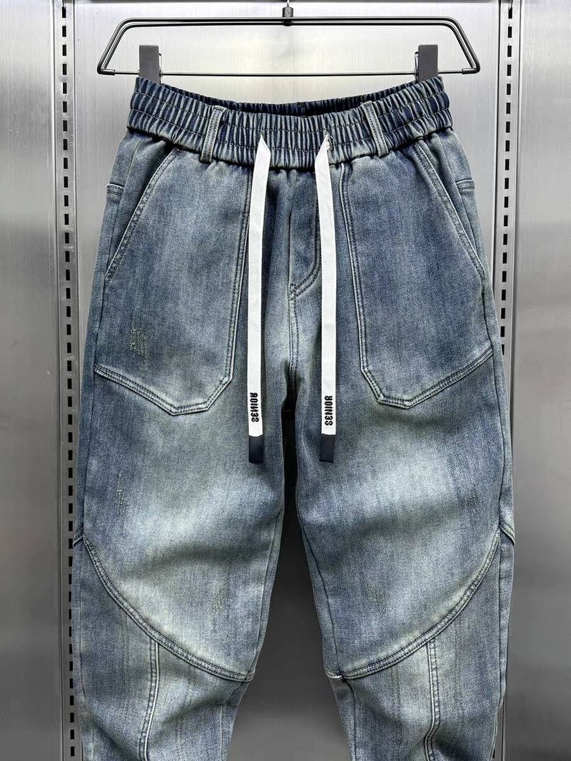 Nostalgiske blå elastiske buksekant biker herrejeans bomullspolstrede hoftebukser til herre_voghion.com