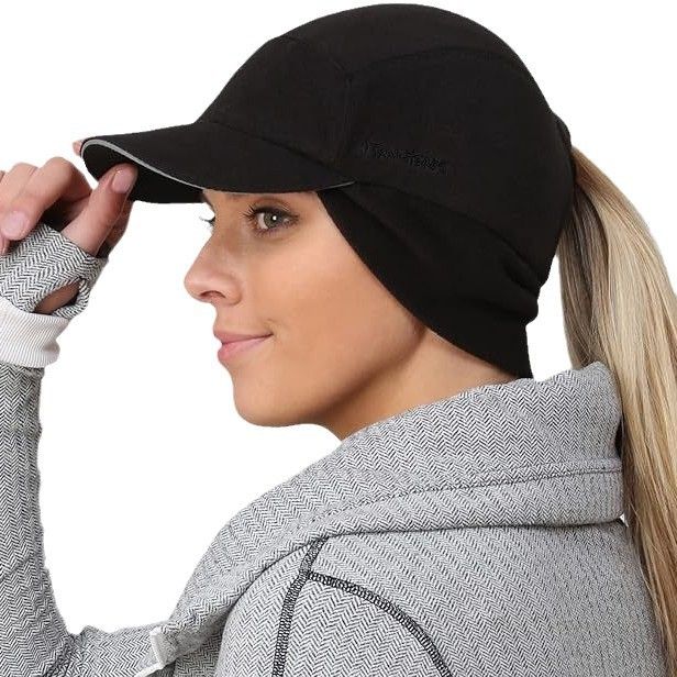 Cappello invernale da donna LazyZoom in pile polare riflettente con coda di cavallo e paraorecchie a scomparsa, morbido e caldo, berretto termico da ciclismo sportivo_voghion.com