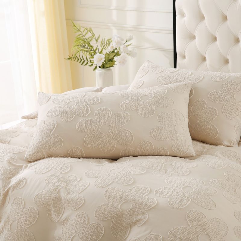 Conjunto de cama jacquard floral tufado - Capa de edredom com fronhas e estampa de flores bege - Conjunto de 3 peças de têxteis para o lar de luxo_voghion.com