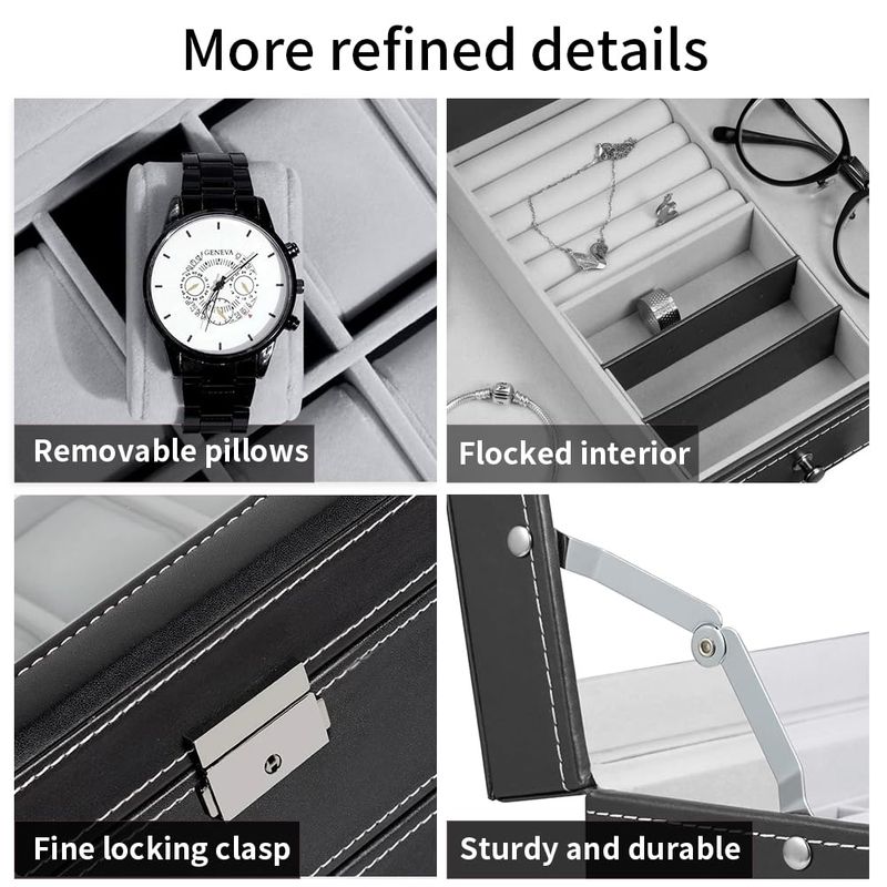 12 Slot Leather Lockable Watch Storage Boxes,Men & Women's Jewelry Display Drawer Case, 2-Tier Organizer Watch Showcase_voghion.com