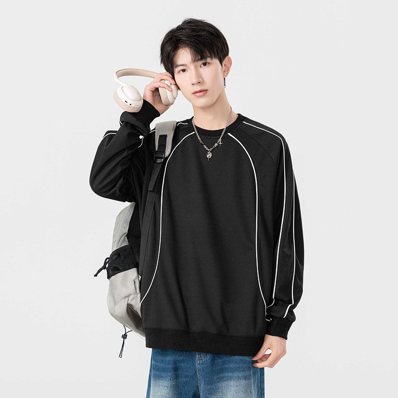 Moletom com capuz masculino American High Street Deconstruction com faixa refletiva e gola redonda, moda primavera e outono, camurça solta_voghion.com