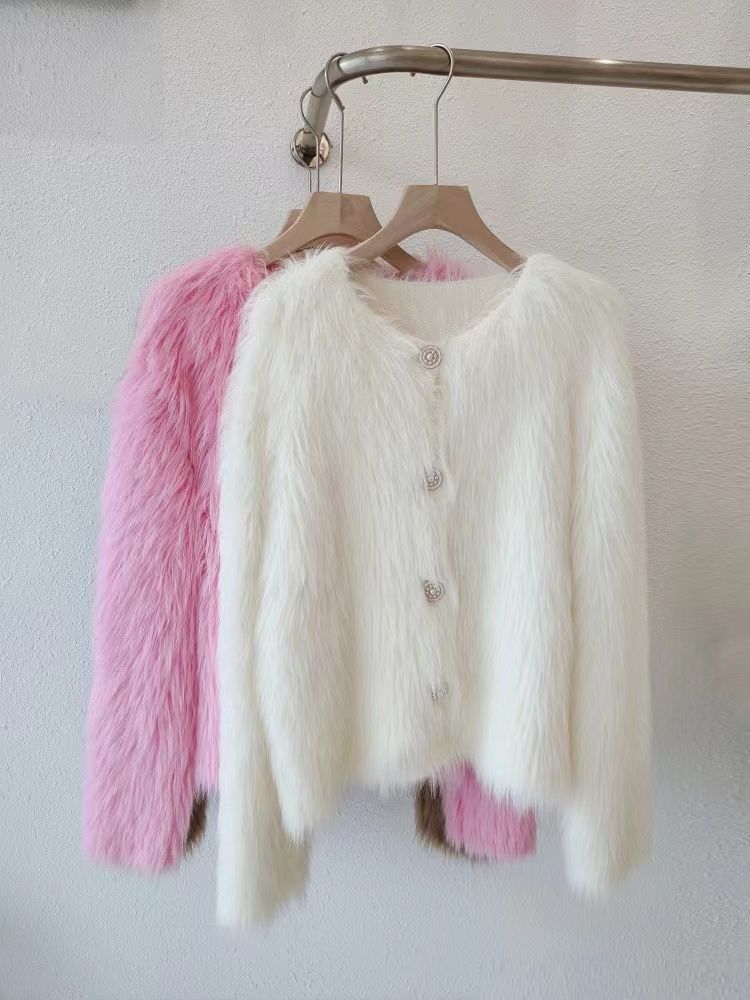 Damenbekleidung Fleece-Strickjacke Pullover Jacke Frauen Herbst und Winter verdickt neue kurze weiche wachsartige_voghion.com