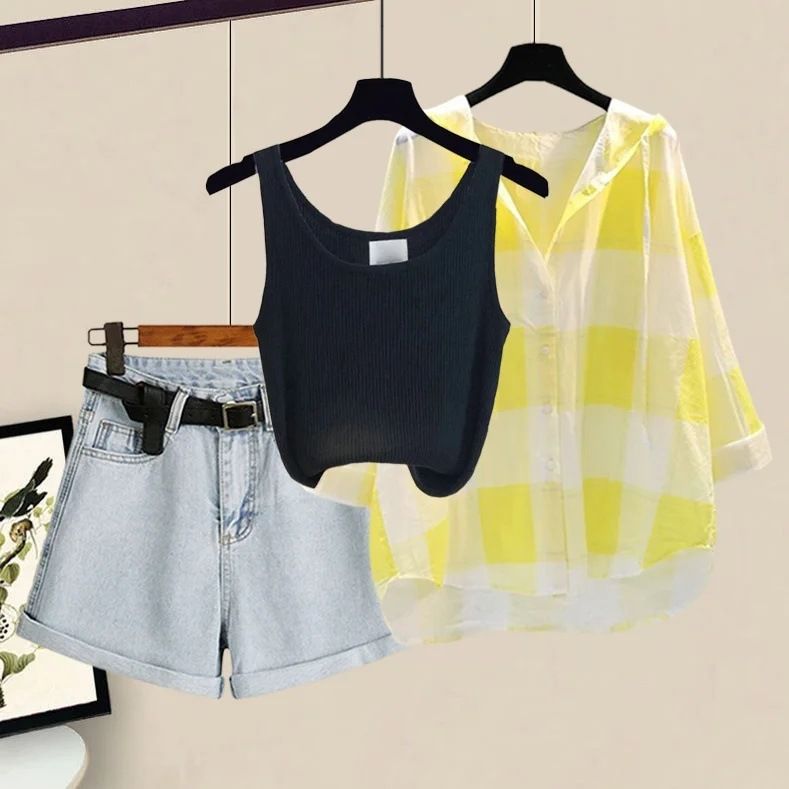 Damenbekleidung Sommerkleidung für Frauen Neues Sonnenschutzhemd Schlanke Weste Mode Lässige Jeansshorts Dreiteiliges Set_voghion.com