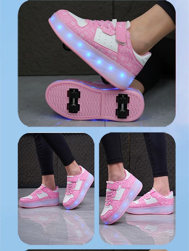 Buty do biegania dla chłopców i dziewcząt z czterema kołami, podwójnymi kołami, migającymi światłami LED, automatycznymi, niewidocznymi rolkami, partią_voghion.com
