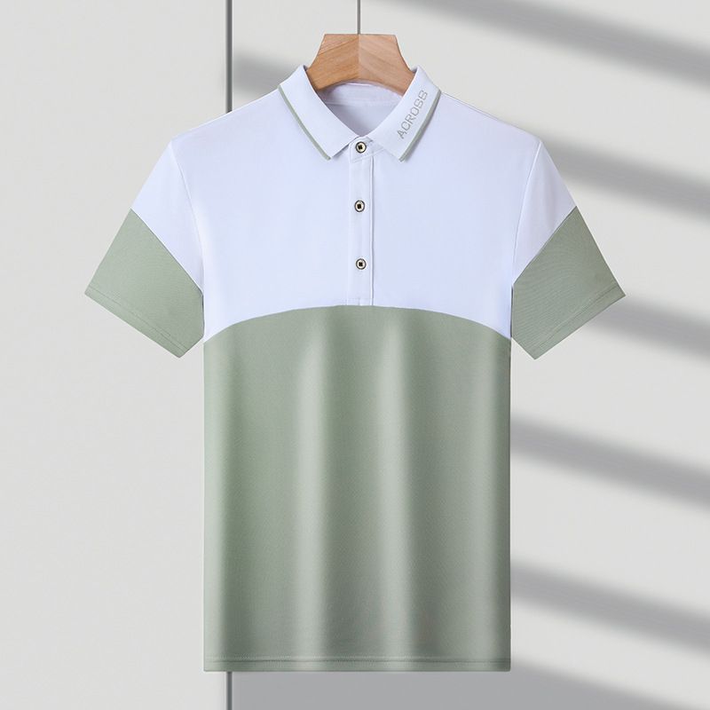 Tricou de vară pentru bărbați, cu mânecă scurtă, cu guler larg, de lux, cu blocare a culorilor, tip polo, casual, cu micro elasticitate_voghion.com