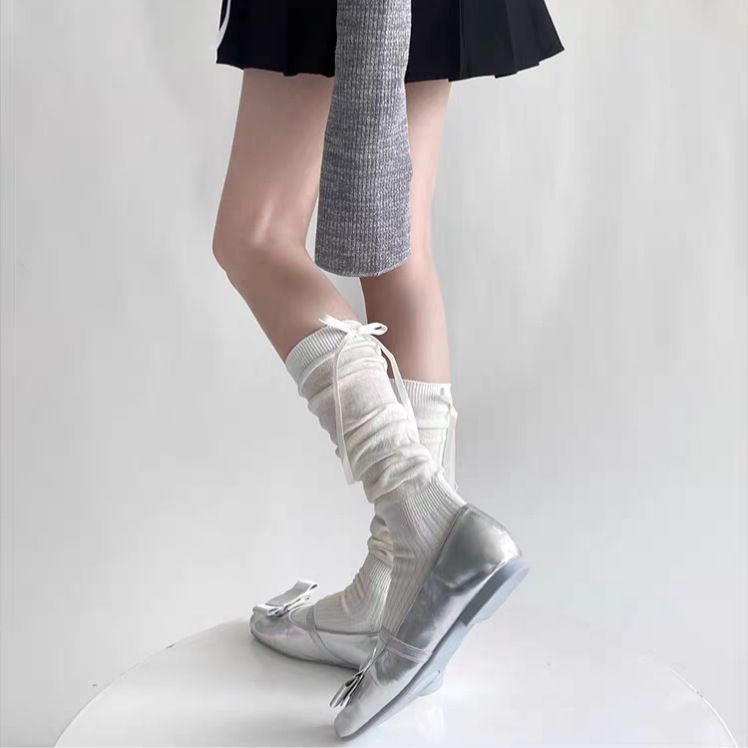 Ballet White Calf For Women Spring And Autumn Miu Style Bowknot Striped Mid-Calf Slouch Long Socks_voghion.com