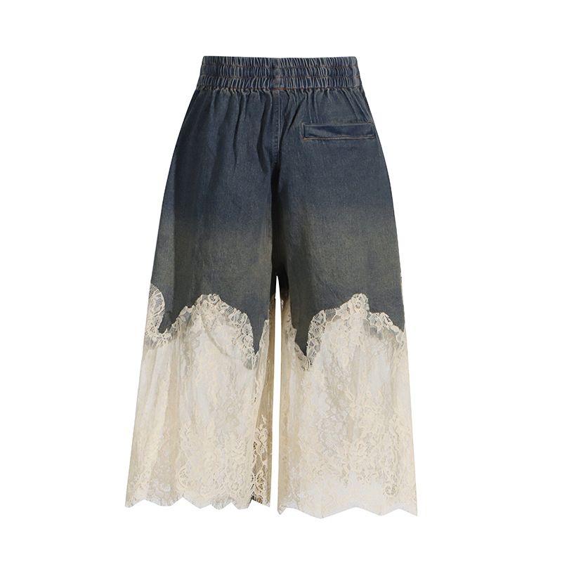 Damenbekleidung Mode sexy Hot Girl Style Sommer neue Spitze Spleißen Hosenträger Top + Kordelzug Denim Mode Shorts_voghion.com