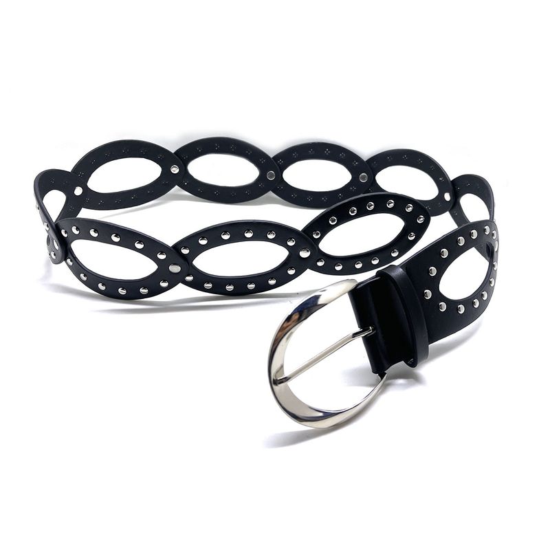 Cintura larga da donna in pelle patchwork con rivetti decorativi di alta qualità, design cavo e alla moda_voghion.com