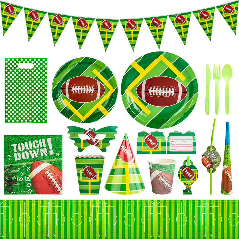 Rugby themed birthday party venue decoration props, disposable paper cups, plates, tableware sets, supplies_voghion.com