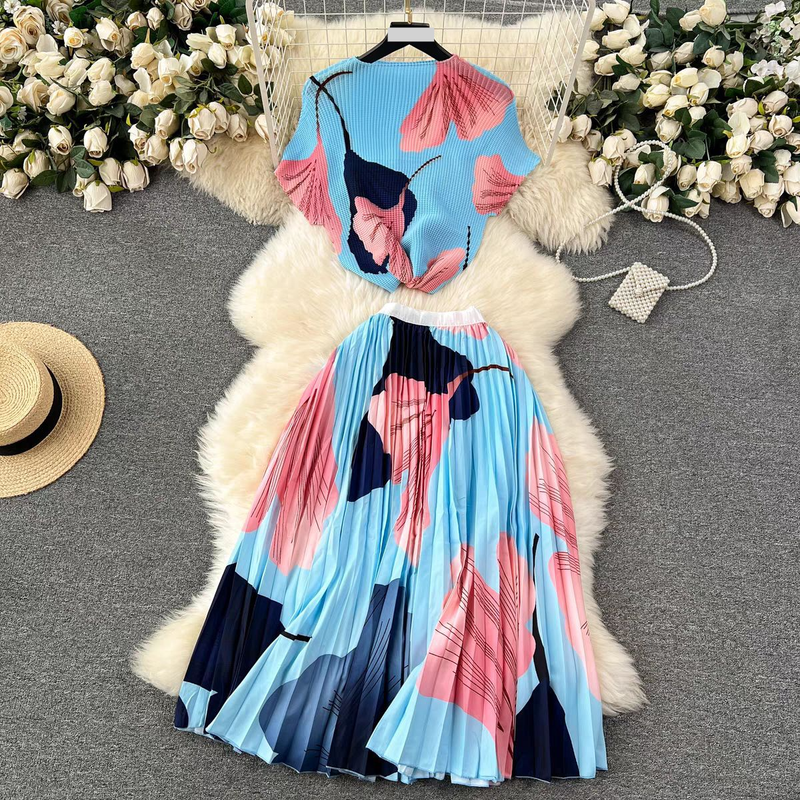 Completo da donna per donna, camicia a maniche corte stampata plissettata di alta qualità + gonna plissettata a vita alta e sottile_voghion.com
