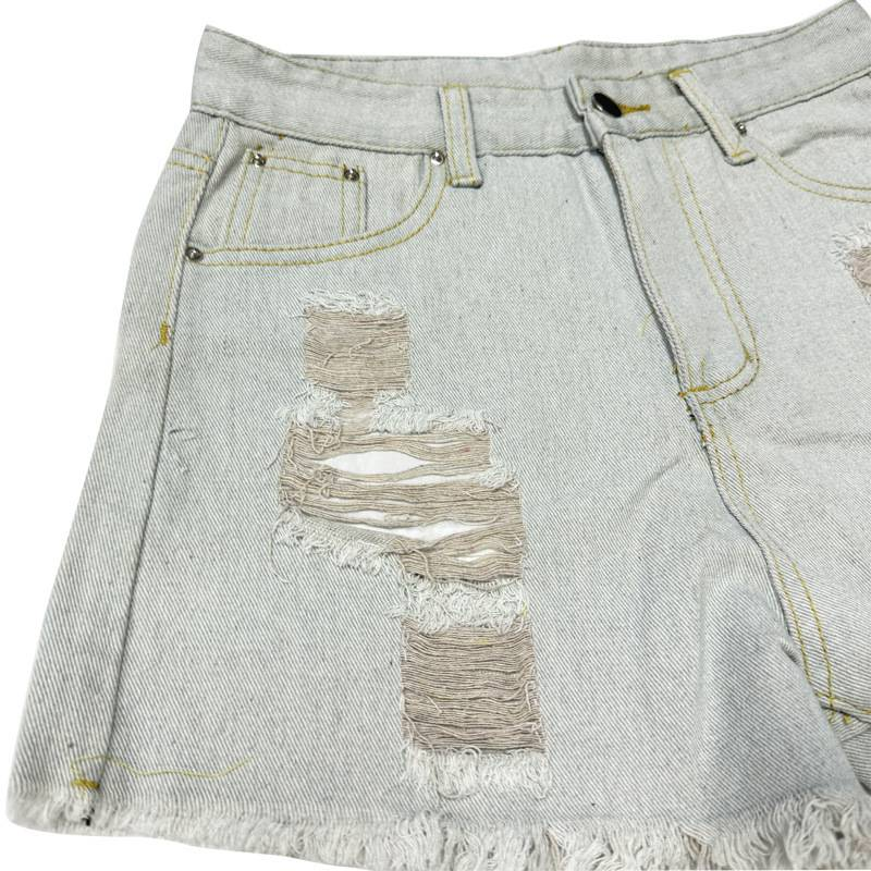 Short en jean déchiré taille haute pour femme, pantalon sexy et délavé avec pompons_voghion.com