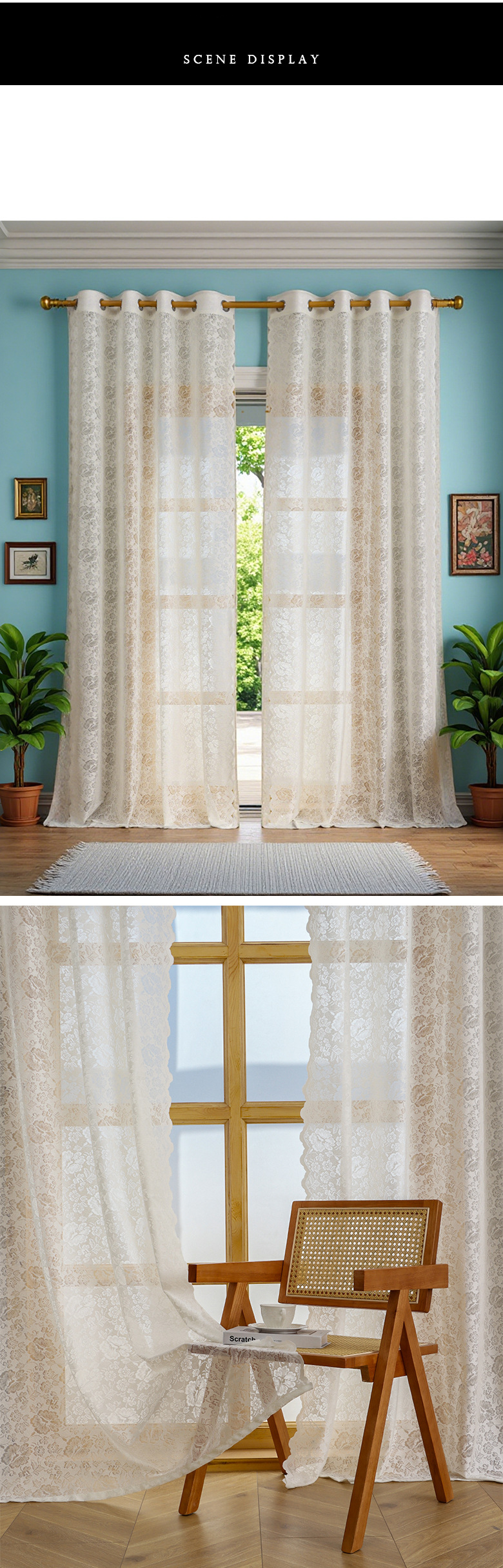 Floral Lace Voile Curtains – Sheer Window Drapes For Bedroom & Living Room, Light Filtering & Privacy, Green/White/Beige, 3 Sizes, Boho Chic_voghion.com