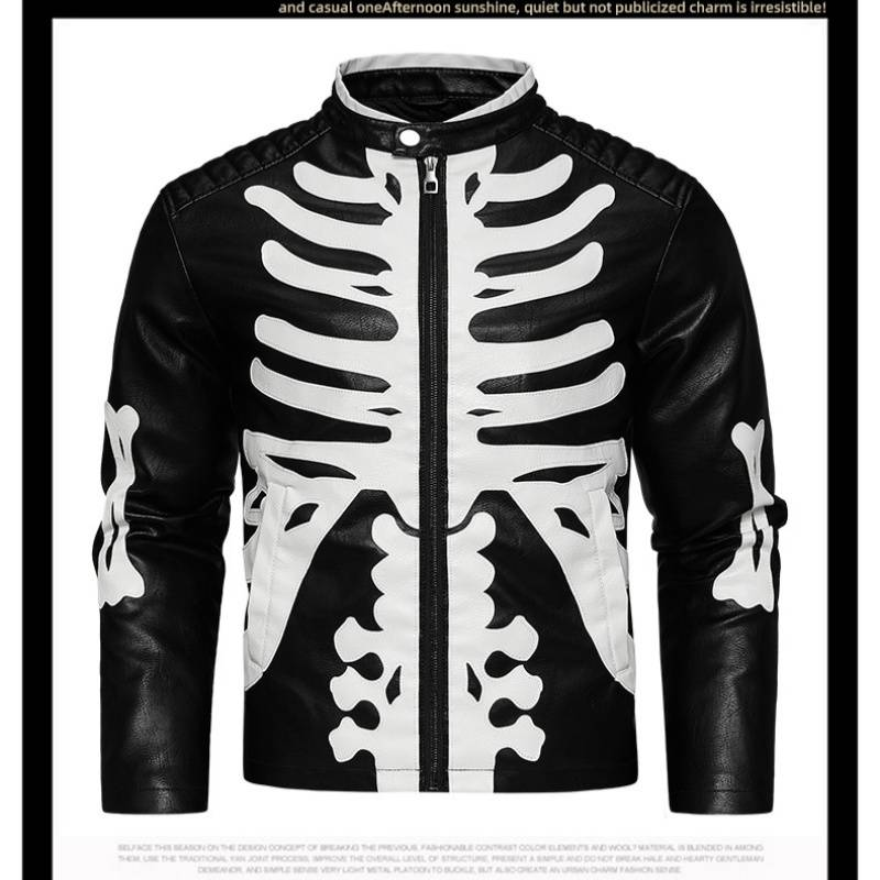 A Trendy Motorcycle Leather Jacket With A Skull Embroidery And Human Bones In Black And White Contrasting Colors Presents A Dress_voghion.com