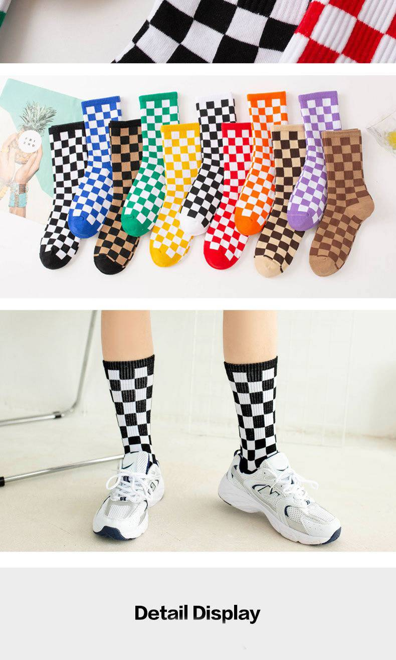 6 Pairs--Checkerboard Men's And Women's Fashion Street Brand Mid Tube Academy Style Cotton Skateboarding Socks_voghion.com