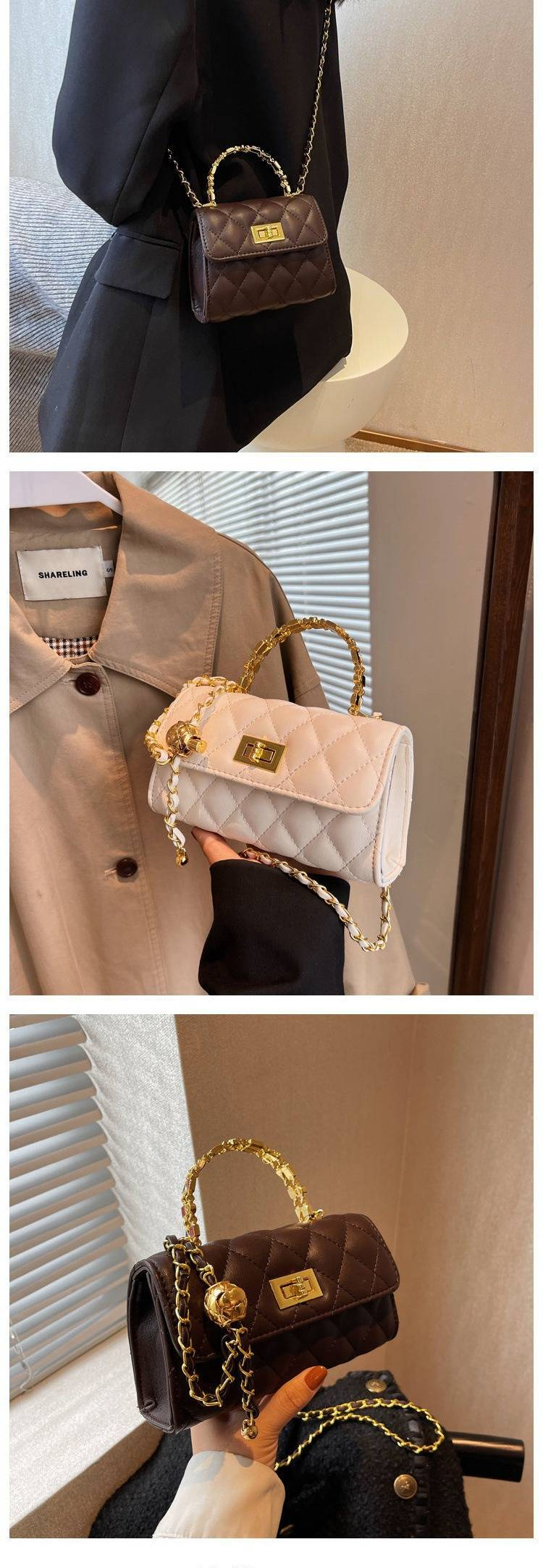 Bolsa tiracolo feminina elegante acolchoada com fecho de cadeado - Bolsa tote pequena e grande estilosa para uso casual e viagens, disponível em preto, marrom e bege_voghion.com