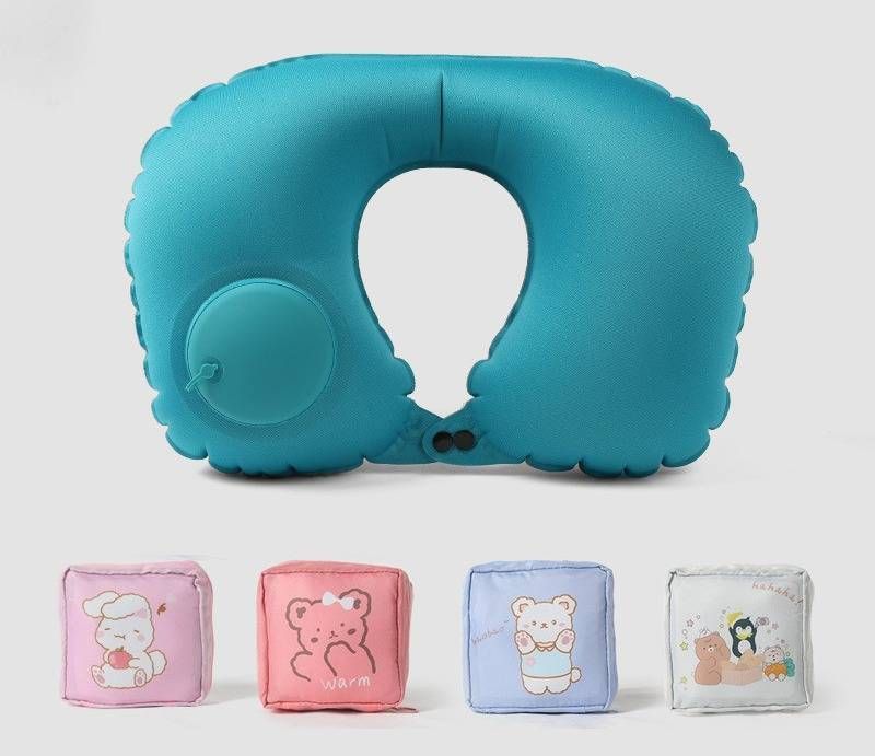Aufblasbares U-förmiges Nackenkissen für unterwegs – ultraweiche Milchseide und Fleece, tragbar und kompakt mit Aufbewahrungstasche (mehrere Farben und Designs)_voghion.com