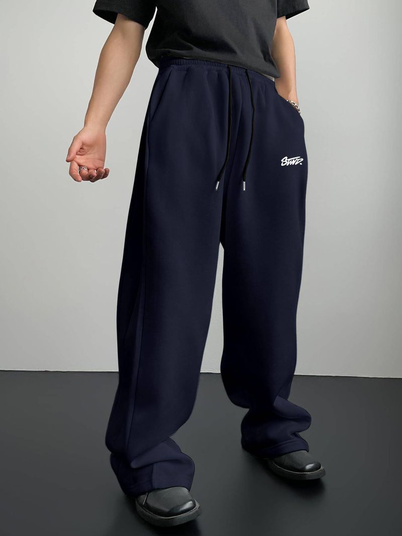 Unisex Letter Print Jogger Pants, Oversized Fleece Lounge Pants, Casual Wide-Leg Sweatpants For Men & Women_voghion.com