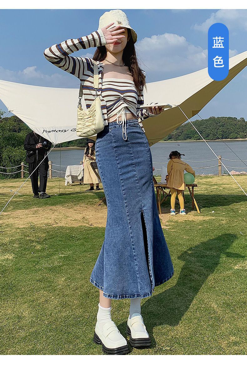 Fish tail half women's summer thin high waisted slit denim skirt, design sense, medium length elastic wrap around the_voghion.com