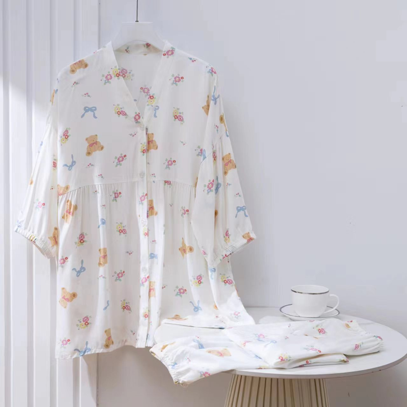 Pijamas de seda de algodón para mujer, ropa de hogar fina de talla grande con manga de siete puntos y botones de seda de algodón_voghion.com