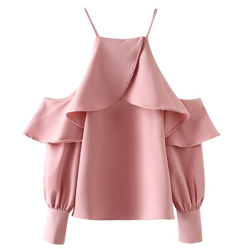 Îmbrăcăminte pentru femei, cămașă cu mânecă lungă, cu bretele, roz și alb, stil Lin Qian, de același fel_voghion.com