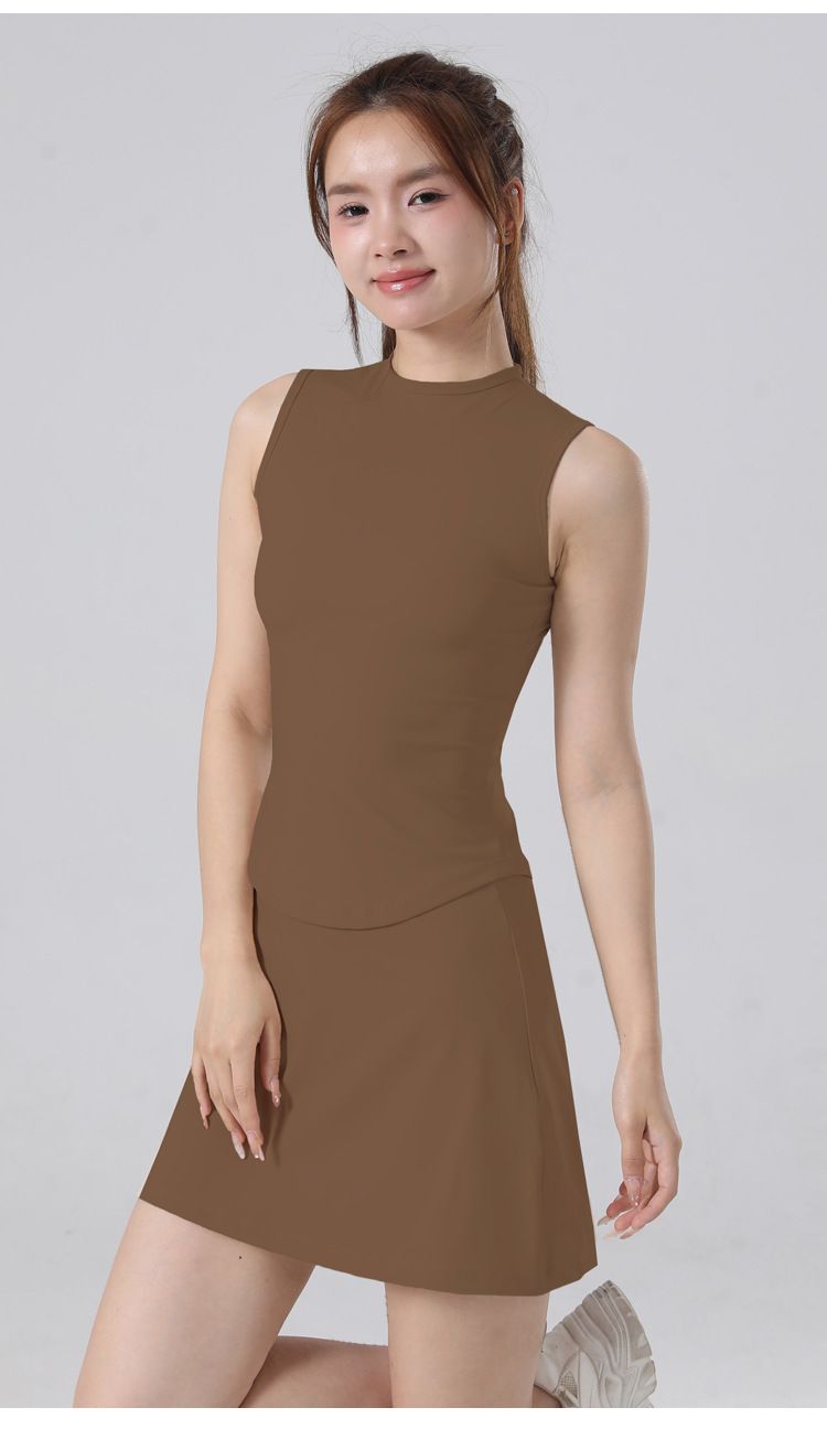 Summer Sleeveless Yoga Tennis Slim Fit Quick-Dry Outdoor Anti-Exposure Fitness Sports Skirt Set_voghion.com