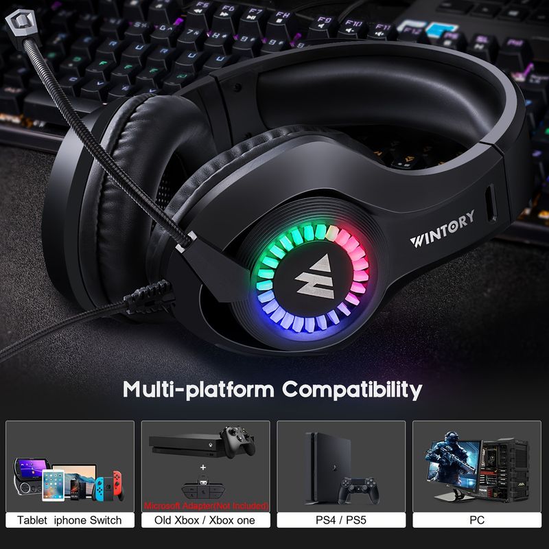 1pc Fone de ouvido para jogos RGB com fio e microfone ajustável, alça telescópica ajustável, protetores auriculares macios e confortáveis, computador RGB com fio_voghion.com