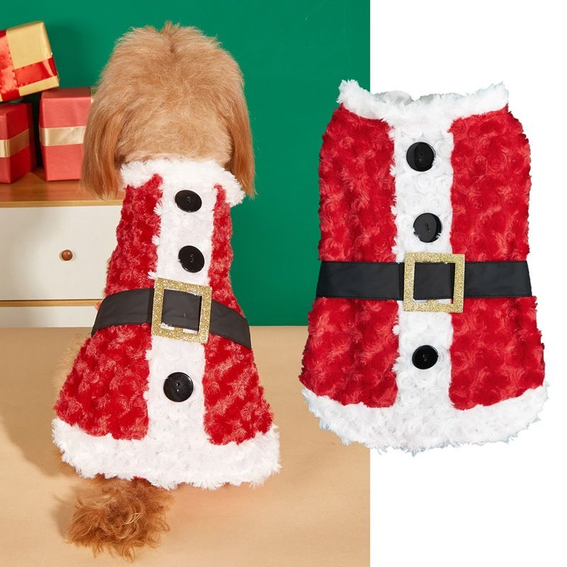 Christmas belt button horizontal slim-fit beautiful red green Christmas teddy Bichon dog fleece coat_voghion.com
