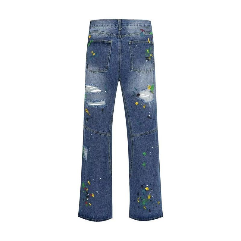 American Style Washed Ink Splatter Distressed Jeans For Men Spring And Autumn New Casual Loose Straight Long Pants_voghion.com