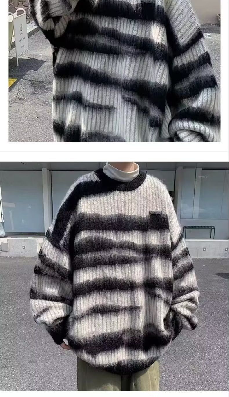 Maglione a righe color-block per uomo, autunno e inverno, stile casual, sensazione di alta qualità, versatile maglia girocollo ampia,_voghion.com