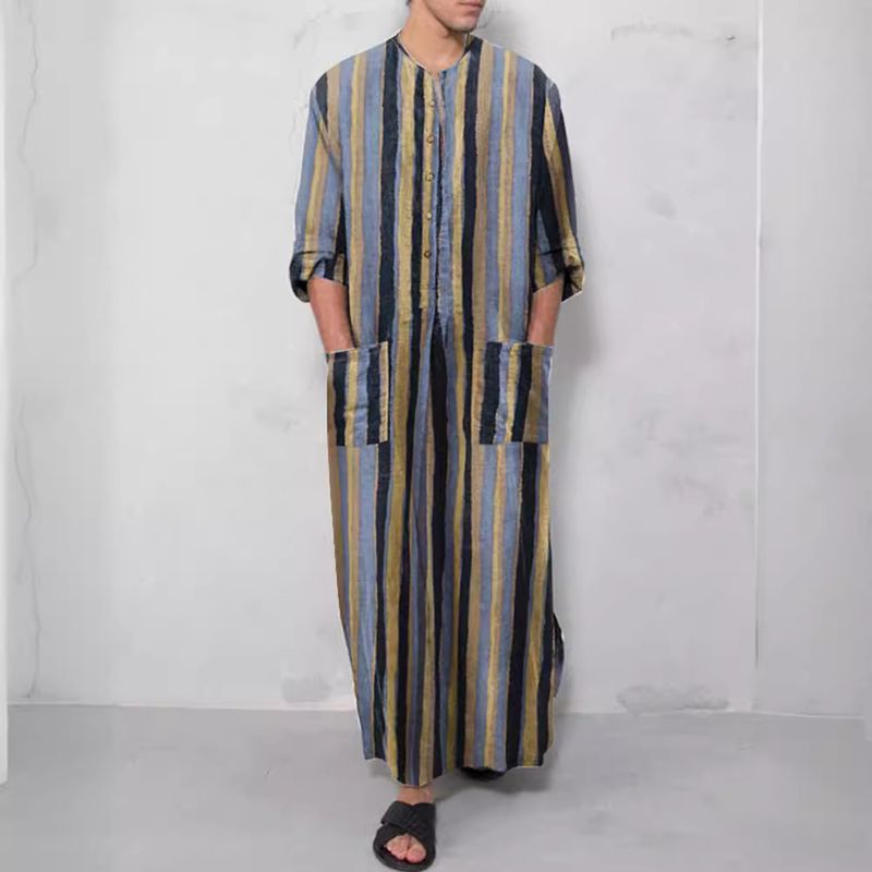 Muslim Robe New Arab Men's Loose Door Tube Striped Long Sleeved Ethnic Style Jumpsuit_voghion.com