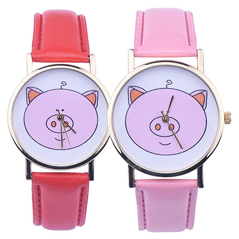 Yamaler Women Cute Pig Pattern Faux Leather Band Analog Quartz Fashion Wrist Watches_voghion.com