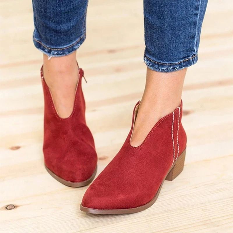 Pointy side zipper low square with V-cut fashion plus size women's ankle boots_voghion.com