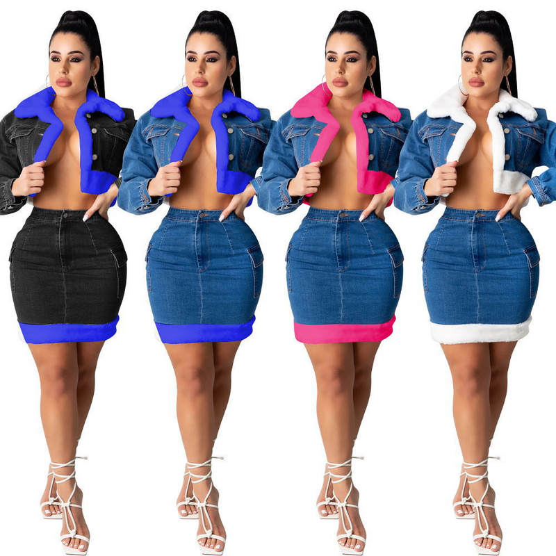 Gonna in denim alla moda da donna in denim felpato gruppo due set_voghion.com