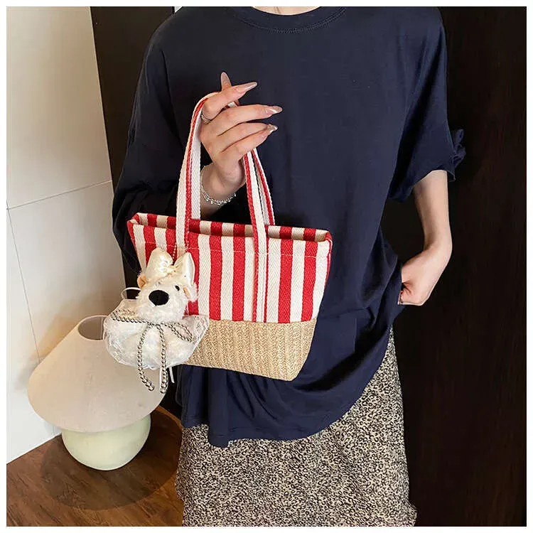 Borsa a mano in tela intrecciata in stile coreano, patchwork, per donna, estiva, a righe, casual, versatile, a tracolla_voghion.com